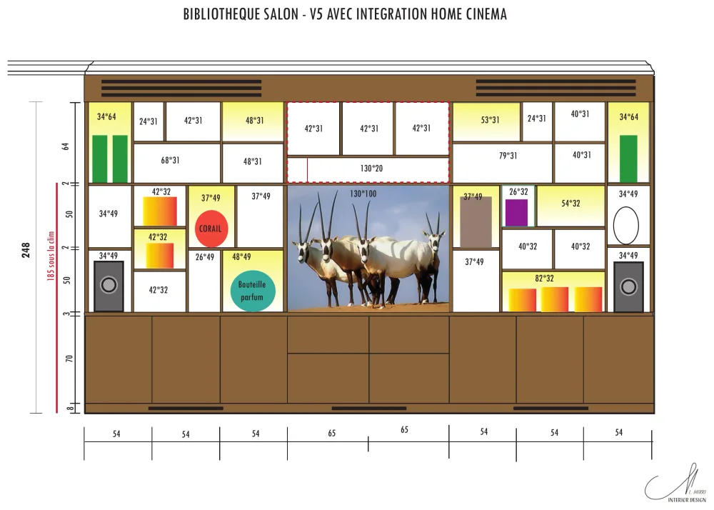 Plan de la bibliothèque, version 5 avec home cinéma : élévation cotée case par case, grilles de ventilation en partie haute, écran central de 130 × 100 cm, enceintes de part et d'autre, caissons bas