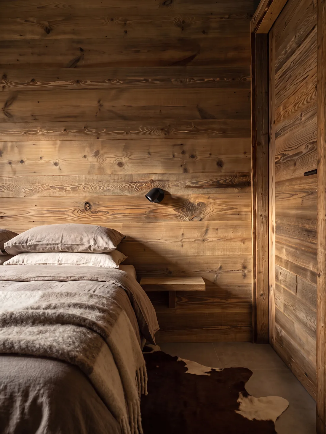Détail de chambre : mur de lambris ancien, tablette de chevet suspendue en bois, liseuse orientable noire, linge de lit rayé écru et peau de vache au sol