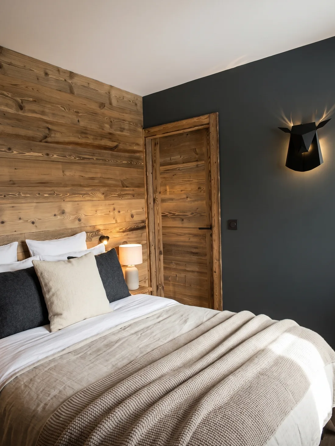 Seconde chambre : mur peint en vert sapin foncé, mur de tête de lit en lambris de bois clair, porte en vieux bois et applique murale noire en forme de tête de cerf stylisée