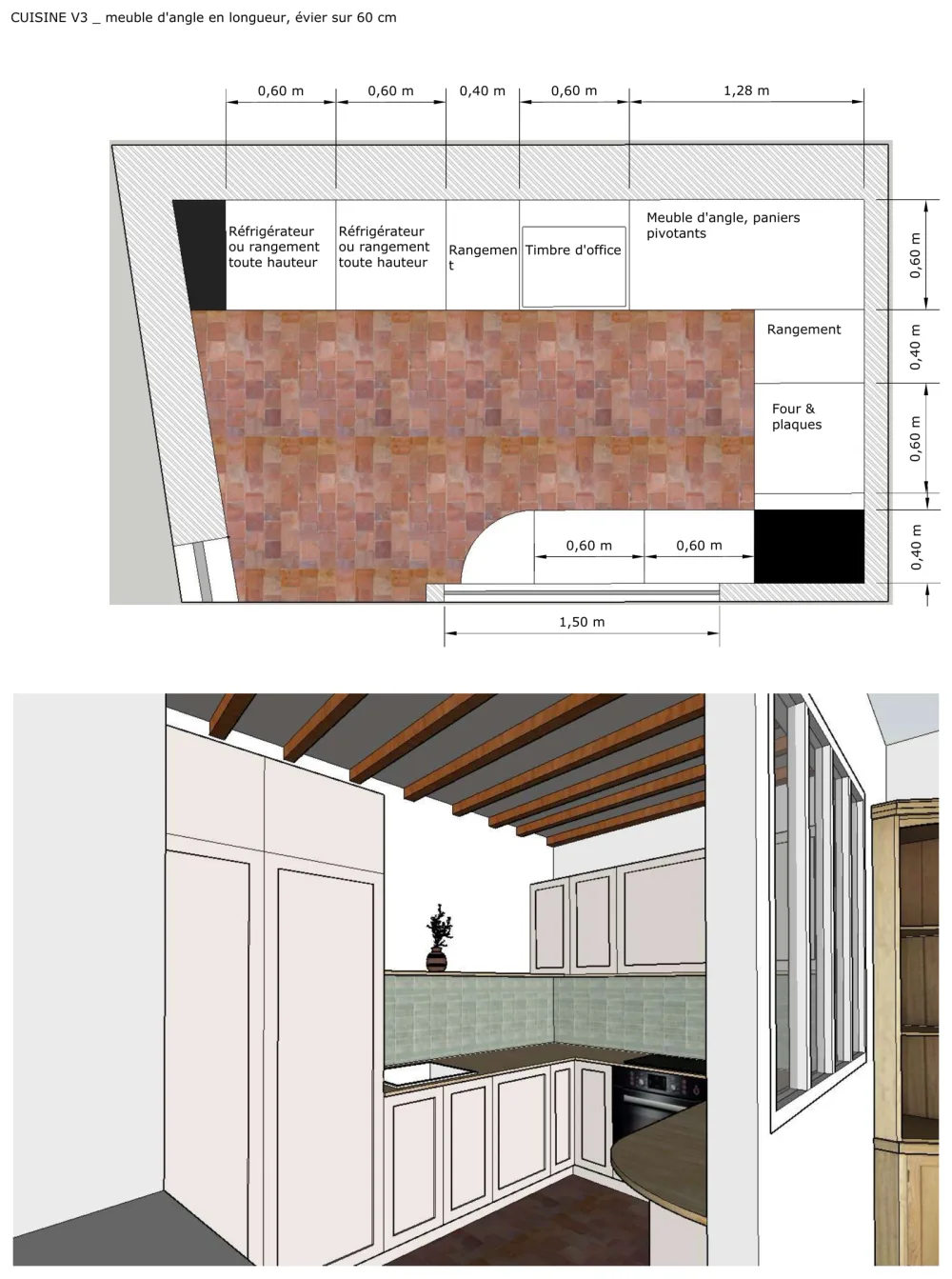 Plan coté de la cuisine du duplex, meuble d'angle en longueur et évier sur 60 cm, puis la même cuisine en 3D : façades à cadre, crédence de zelliges vert d'eau, poutres apparentes et verrière