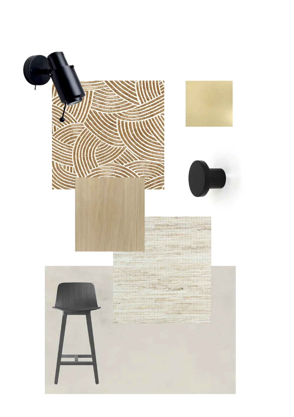 Planche matériaux Boniface : béton ciré crème, bois chêne clair revêtement texturé fibres naturelles, papier peint aux couleurs chaudes, touches de laiton et de noir