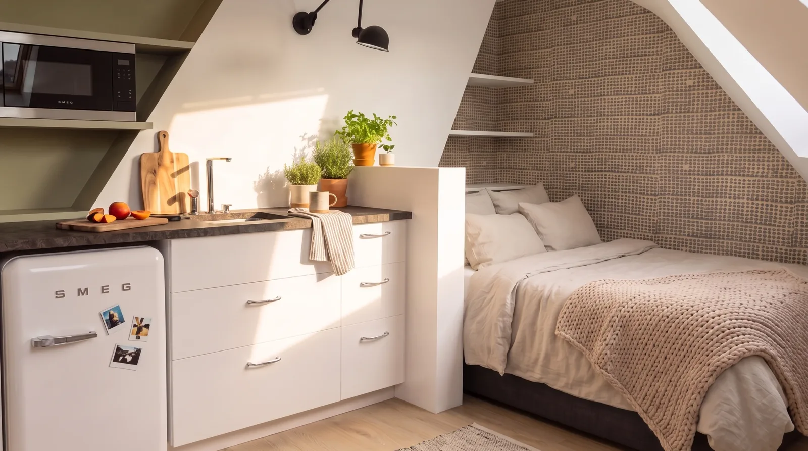 Studio de 10 m² sous les toits : lit à tête de cannage sous la pente, kitchenette blanche à plan sombre, étagères murales, table ronde et chaises de rotin près de la fenêtre de toit