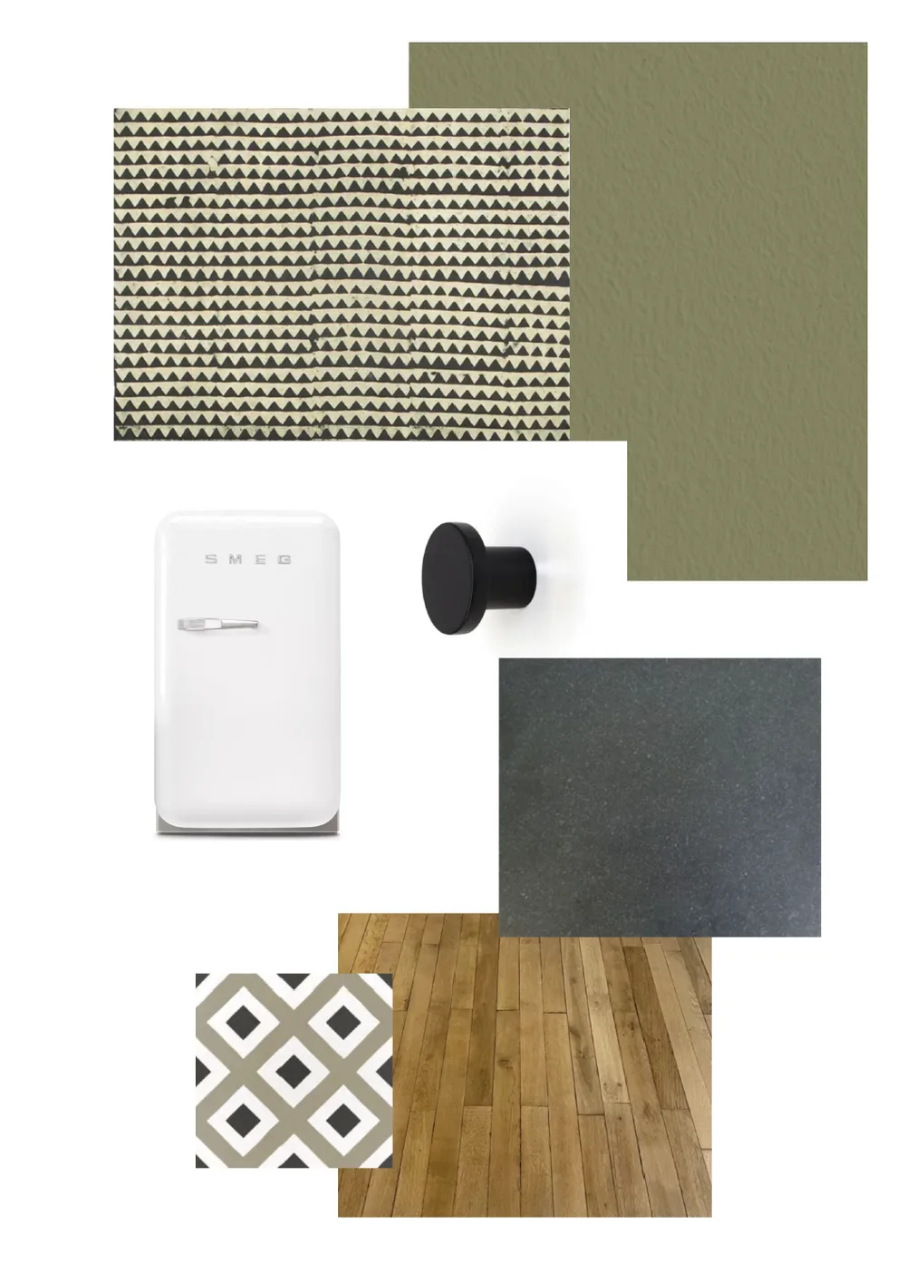 Moodboard studio Celestin : papier peint triangles LMS peinture kaki, carreaux de ciment graphiques parquet ancien, plan de travail pierre noire