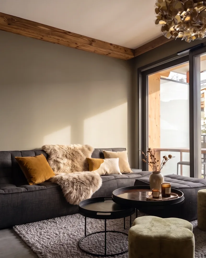 Le coin repas du chalet : banquette tapissée adossée au mur de vieux bois, étagères noires, table à plateau de céramique et chaises de tissu chiné écru