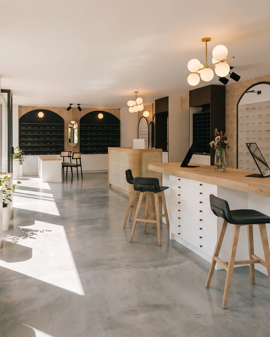 Le magasin d'optique : grande table d'essayage en chêne, tabourets noirs, miroirs ovales dorés et présentoirs à lunettes sous des arches cernées de noir