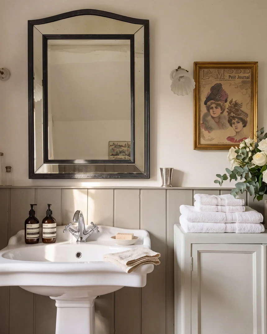 Salle de bains de la maison normande : lavabo colonne blanc, miroir ancien à cadre noir, soubassement lambrissé grège, affiches de mode 1900 encadrées d'or et bouquet de roses blanches