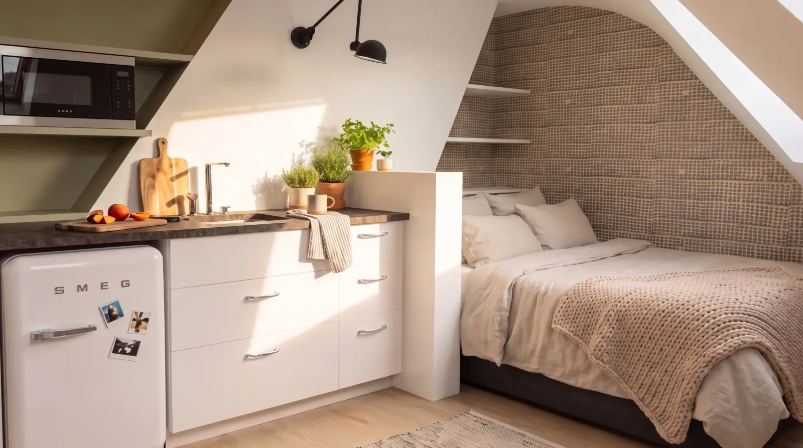Le studio de 10 m² aménagé, lit à tête de cannage sous la pente, kitchenette blanche à plan sombre, étagères murales, table ronde et chaises de rotin près de la fenêtre de toit