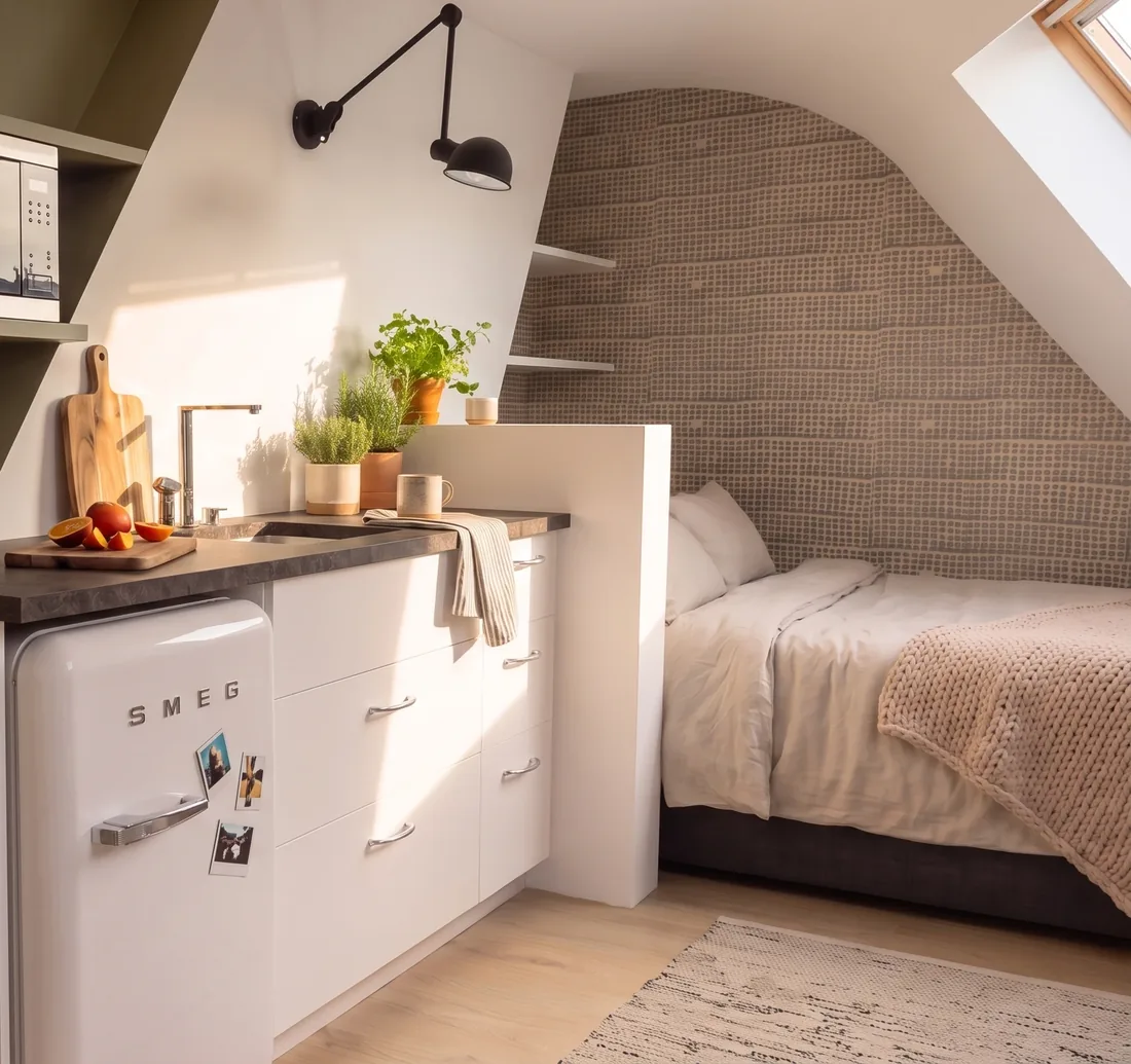 Le studio en entier, lit à tête de cannage sous la pente à droite, kitchenette blanche à plan sombre à gauche, étagères murales, table ronde et chaises de rotin devant la fenêtre de toit
